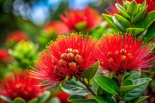 Stunning Product Photography of Ohia Lehua: Captivating Red Flowers Showcasing Nature's Beauty in a Bright, Natural Light Setting, Perfect for Botanical Enthusiasts and Decor Lovers