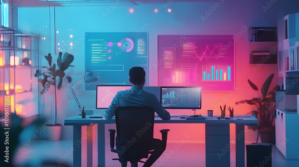 Poster A futuristic office where IoT-connected interactive boards show 3D glowing brainstorming tools with 2D actionable metrics. 4k resolution, Cinematic Scene