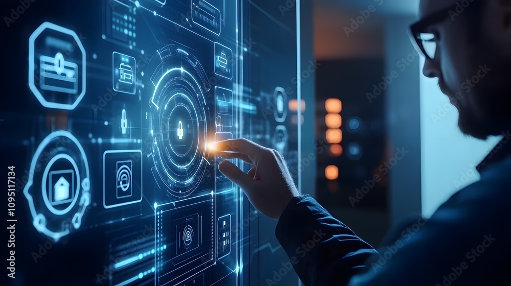 Aufkleber A professional using IoT-enabled security systems that display 3D glowing access logs paired with 2D real-time alerts. 4k resolution, Cinematic Scene