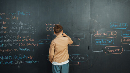 Back view of smart boy writing engineering prompt on blackboard. Attractive happy student planing a project by using coding and programing system in STEM technology classroom. Closeup. Erudition.