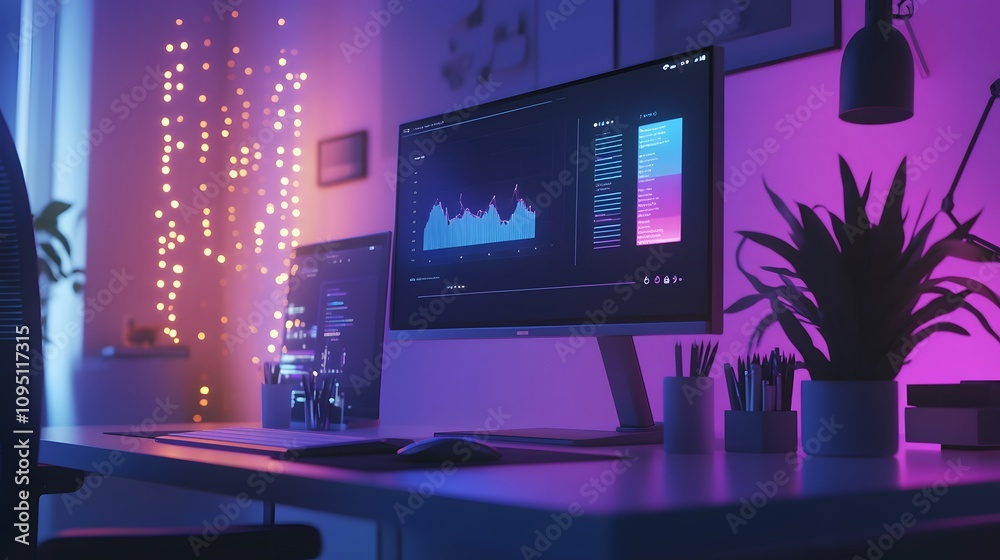 Poster A minimalist workspace where IoT devices project 3D glowing environmental stats alongside 2D animated efficiency metrics. 4k resolution, Cinematic Scene