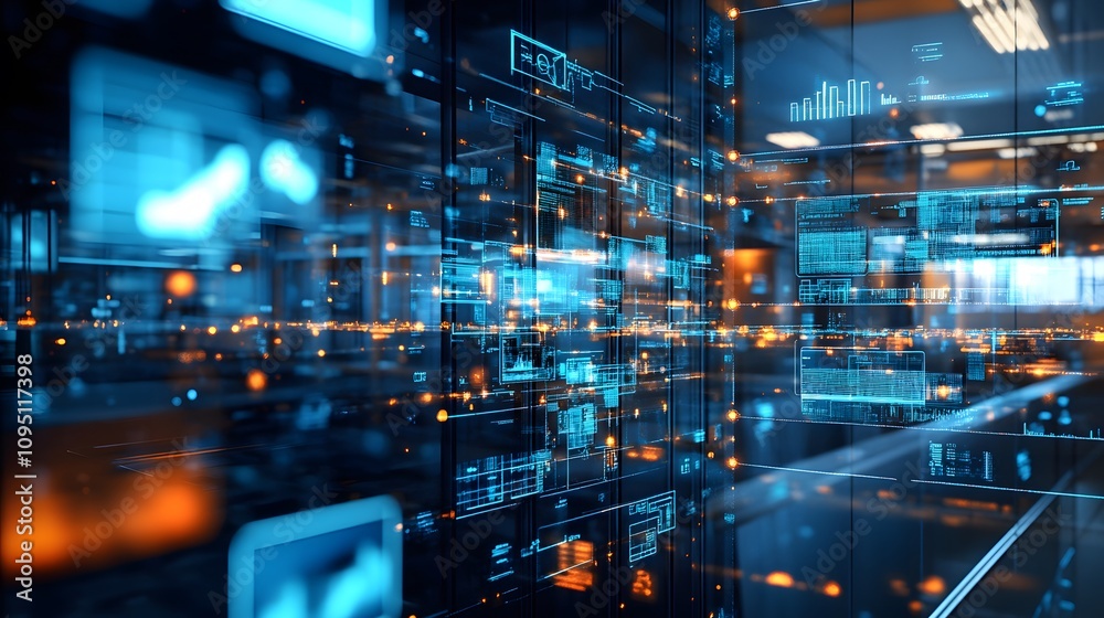 Fototapete A hybrid office with IoT-powered task monitoring systems displaying 3D glowing workflows alongside 2D actionable performance summaries. 4k resolution, Cinematic Scene