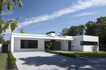 sleek and contemporary white house with elegant garage set in lush greenery. generative ai