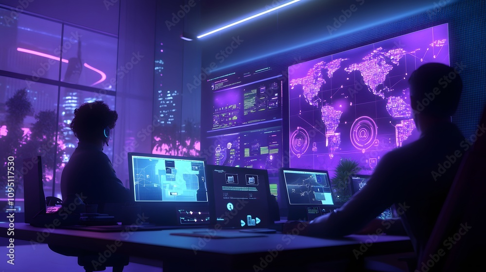 Poster A collaborative workspace showcasing IoT-enabled productivity hubs with 3D glowing task allocation dashboards and 2D live updates. 4k resolution, Cinematic Scene