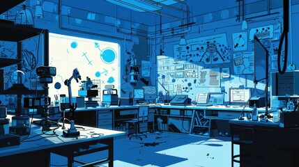 Futuristic Laboratory with Blueprints and High-Tech Equipment