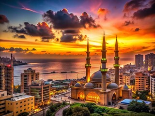 Obraz premium Stunning Silhouette of Beirut, the Capital of Lebanon, Against a Vibrant Sunset Sky Showcasing Iconic Landmarks and the Mediterranean Sea's Serene Beauty