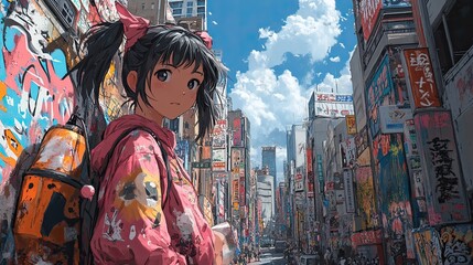Anime girl expresses her creativity with spray paint transforming the cityscape into a vibrant canvas surrounded by urban graffiti