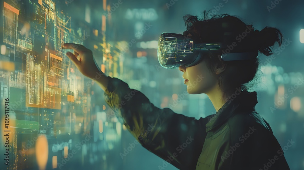 Poster A professional analyzing project updates using AR technology in a hybrid team setting. 4k resolution, Cinematic Scene