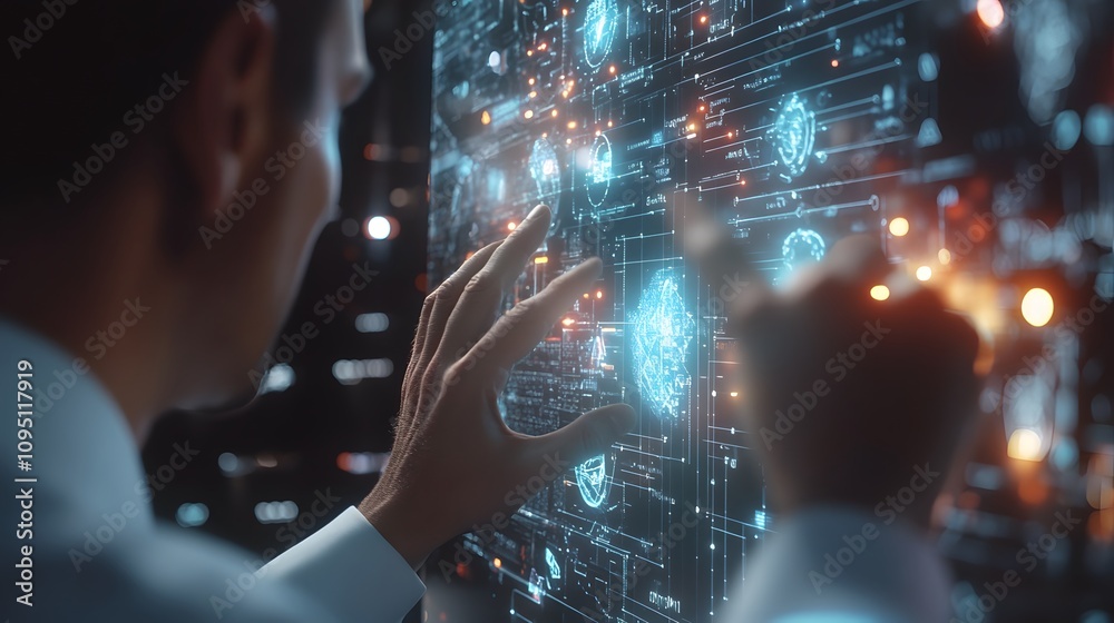 Poster A professional analyzing project updates using AR technology in a hybrid team setting. 4k resolution, Cinematic Scene