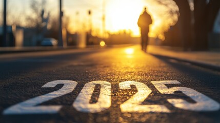 A silhouette of a person walking along a road at sunset, with the year 2025 boldly painted on the pavement, symbolizing hope and future possibilities that lie ahead.