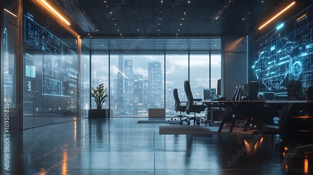Poster A modern office where blockchain infrastructure for logistics is visualized through AR systems. 4k resolution, Cinematic Scene