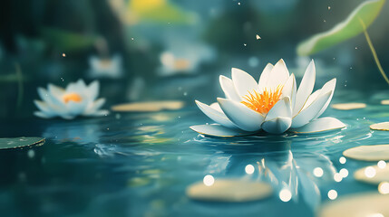 Radiant white lotus with gold-edged petals reflecting blue-green waters in tranquil scene. Radiant Lotus Pond. Illustration