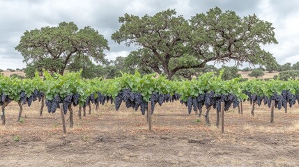 Fototapeta premium Lush Vineyard Landscape Under Overcast Sky Featuring Ripe Grapes Hanging from Rows of Healthy Vines Surrounded by Majestic Oak Trees in Serene Countryside Setting