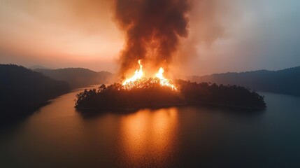 Obraz premium Fiery Island Sunset Forest Fire Burning Trees Smoke Lake Night
