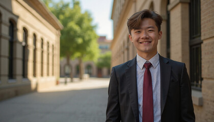 Young Asian professional with confident smile standing against urban background