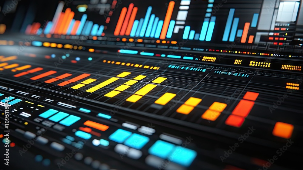 Poster abstract digital data visualization with colorful graphs and charts representing information analysi