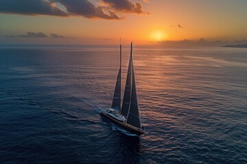 Fototapeta premium A sailboat sailing in the middle of the ocean at sunset
