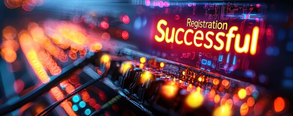 Bright Digital Background Featuring a Successful Registration Message, Interconnected Circuits, and Vibrant Light Trails Signifying Achievement in Technology and Data Processing