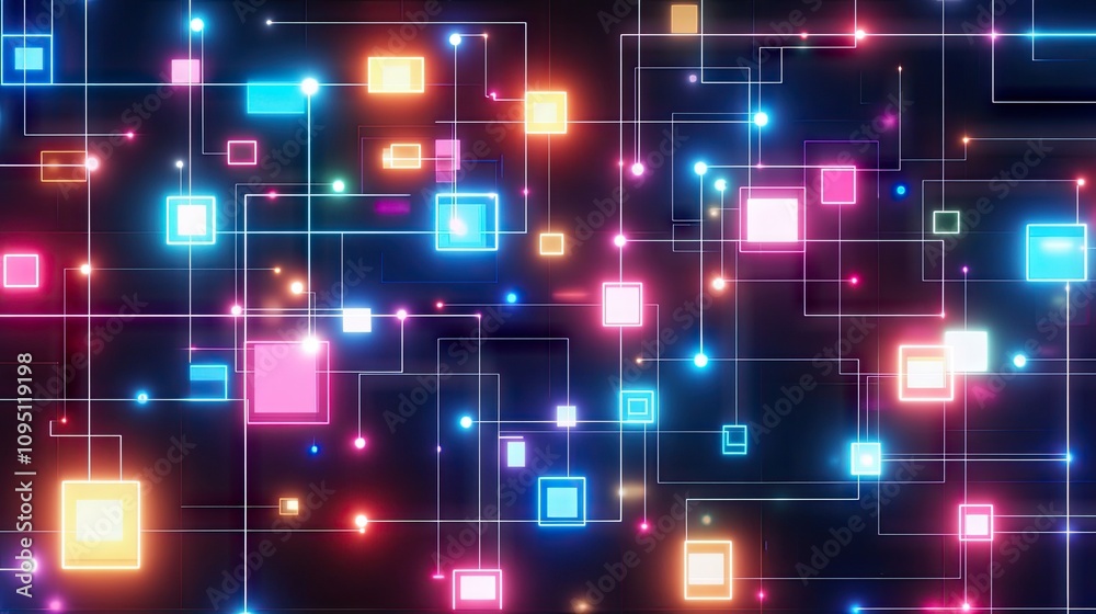 Poster colorful abstract background with glowing squares and lights in a complex network of lines for moder