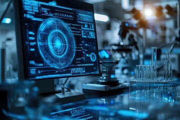 Futuristic laboratory with advanced digital screen.