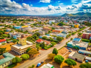Naklejka premium Stunning Tilt-Shift Photography of Dodoma, Tanzania's Capital City Showcasing Unique Architecture and Vibrant Urban Life in a Miniature Style