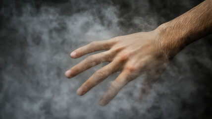 Hand reaching out through a mist, skin texture and moisture droplets visible