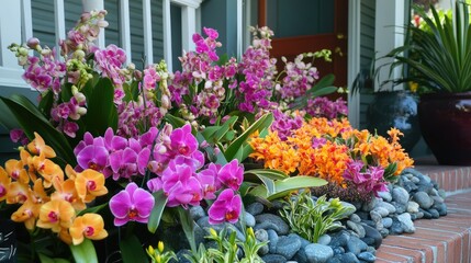 Vibrant Garden Display of Orchids in Various Colors Accentuating a Welcoming Front Porch with Rich Green Foliage and Decorative Stones