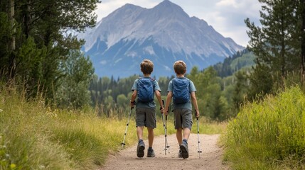 Obraz premium Adventure Buddies: Twin Brothers Hiking in Serene Mountainscape