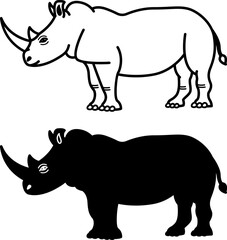 Rhino Icons. Black and White Vector Illustration. Large Mammal. Rhinoceros with Massive Body, Thick Limbs, and Horn on Muzzle. For Coloring Book Design. Animal Concept