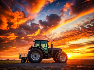 Obraz premium Stunning Tractor Silhouette Against a Vibrant Sunset Sky Perfect for Agricultural and Farming Themes in Product Photography