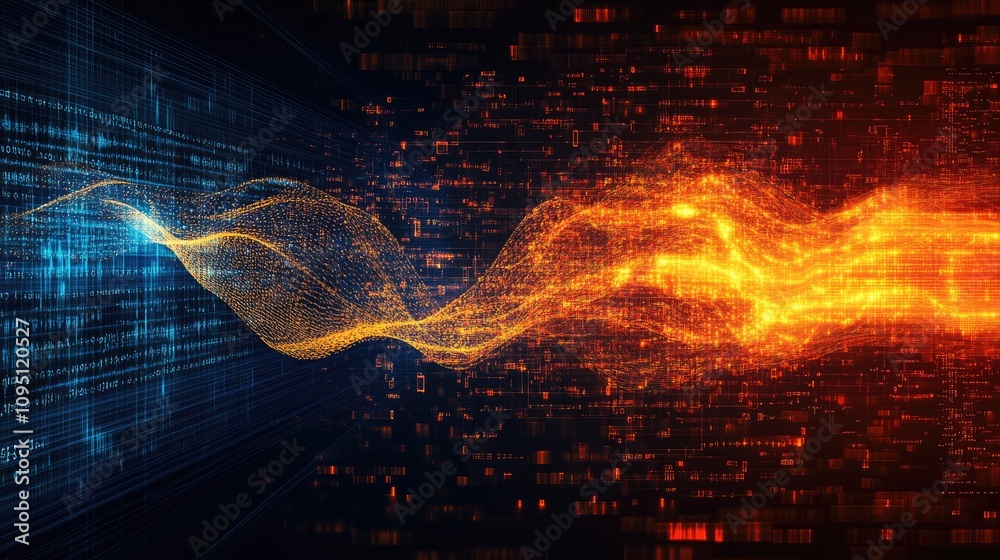 Poster abstract data stream flow with blue and orange light effects representing digital transformation and