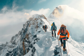 group of climbers climbs high a mountain covered with snow