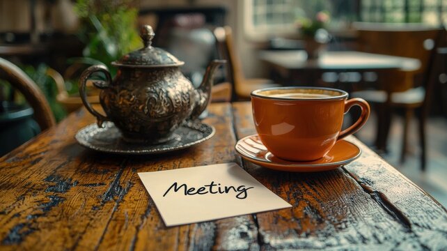 Business meeting reminder on sticky note next to coffee cup and teapot cozy café setting high fidelity imagery
