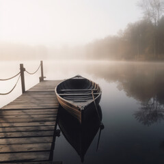 Naklejka premium a rowing boat moored at a wooden jetty surrounded by a misty lake and trees