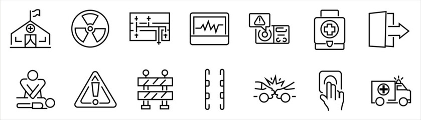 Set icons related to emergency. Linear icon collection. Editable stroke. Vector illustration