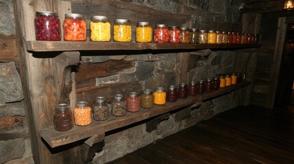 Rustic Wooden Shelves Displaying Colorful Jars of Preserved Fruits and Vegetables in an Old Stone Cabin Interior for a Charming Culinary Backdrop