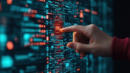 Fototapeta premium Conceptual illustration depicting a hand interacting with a digital interface filled with glowing lines and circuits, emphasizing technology and innovation in a futuristic environment