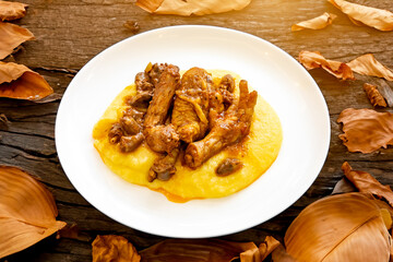 Traditional and rustic Brazilian dish, free-range chicken with polenta. Real food