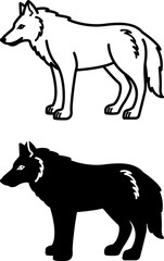 Wolf Icons. Black and White Vector Illustrations. Large Predatory Mammal. Symbol of Devotion and Fearlessness. For Coloring Book Design. Animal Concept