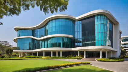 Fototapeta premium Contemporary Office Building Next to a Well-Maintained Park