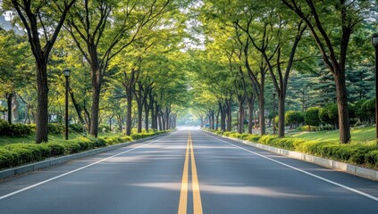 Fototapeta premium Serene Tree-Lined Road: A Pathway to Tranquility