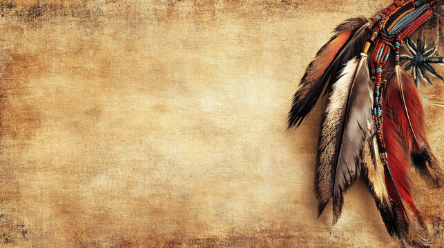 rustic background with native american feathers and tribal elements for cultural themes