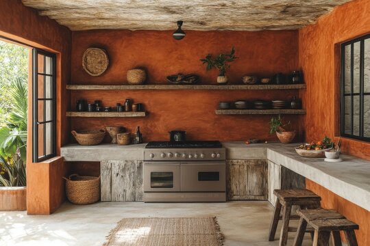 Vintage kitchen with desaturated terracotta walls