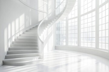 Obraz premium A spiral staircase in a white room with large windows, perfect for interior design or architecture photoshoots