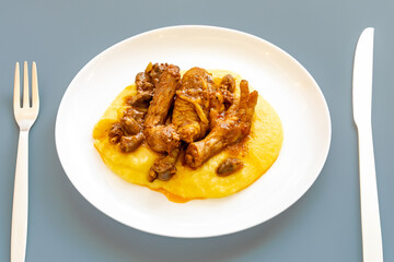 Traditional and rustic Brazilian dish, free-range chicken with polenta. Real food