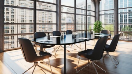 Bright modern meeting room featuring glass conference table and city view through large windows