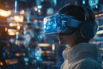 Woman Experiencing Immersive Virtual Reality Headset Technology