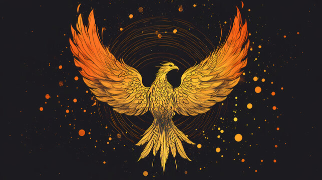 Golden phoenix rising from ashes, symbolizing rebirth and growth after a challenge. Golden Phoenix Rebirth. Illustration