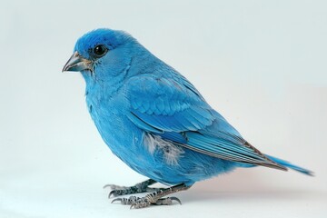 A small blue bird standing on a white surface