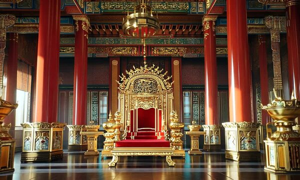 A large room with a red throne in the center
